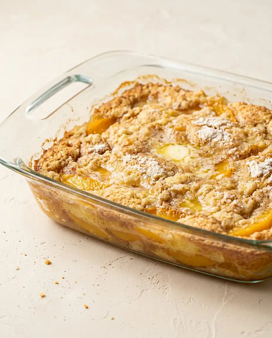 The simple ingredients for a 3-Ingredient Peach Cobbler Dump Cake on a wooden counter.