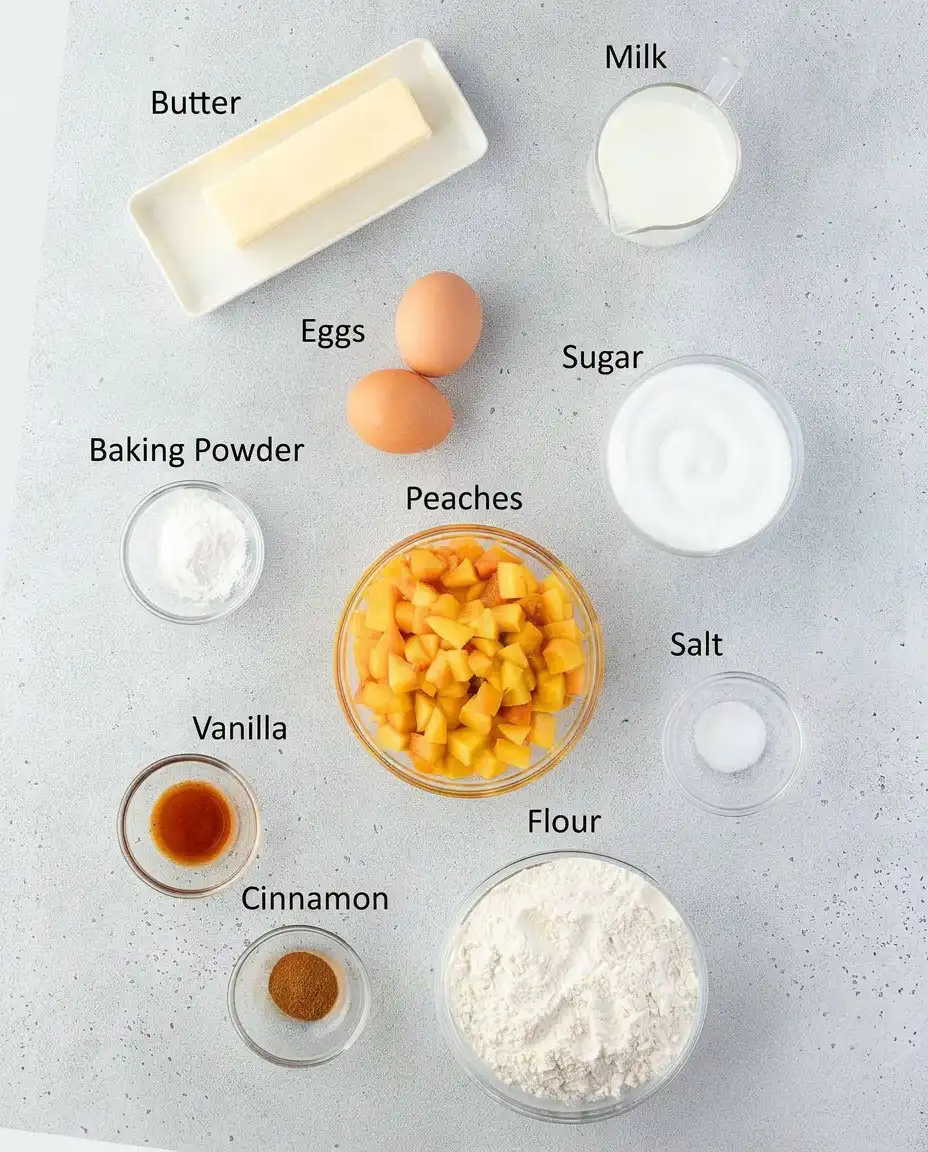 Bowls of flour, sugar, butter, and a can of sliced peaches on a wooden surface