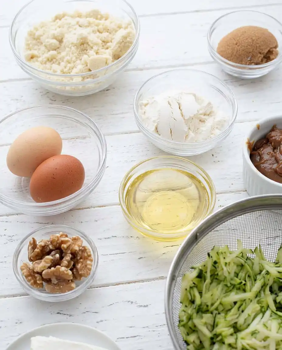 Flat lay of flour, zucchini, spices, and sugars for baking bars.