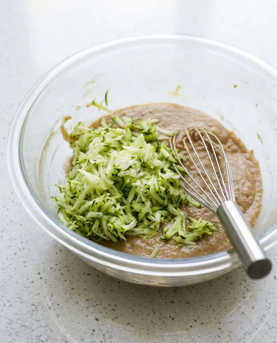 A mise en place including grated zucchini, flour, cinnamon, and black walnuts for an Old-Fashioned Zucchini Cake.