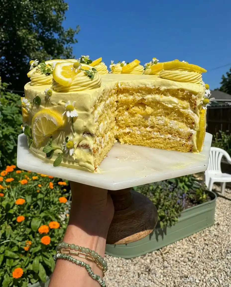 Full lemon chantilly cake decorated with lemon slices