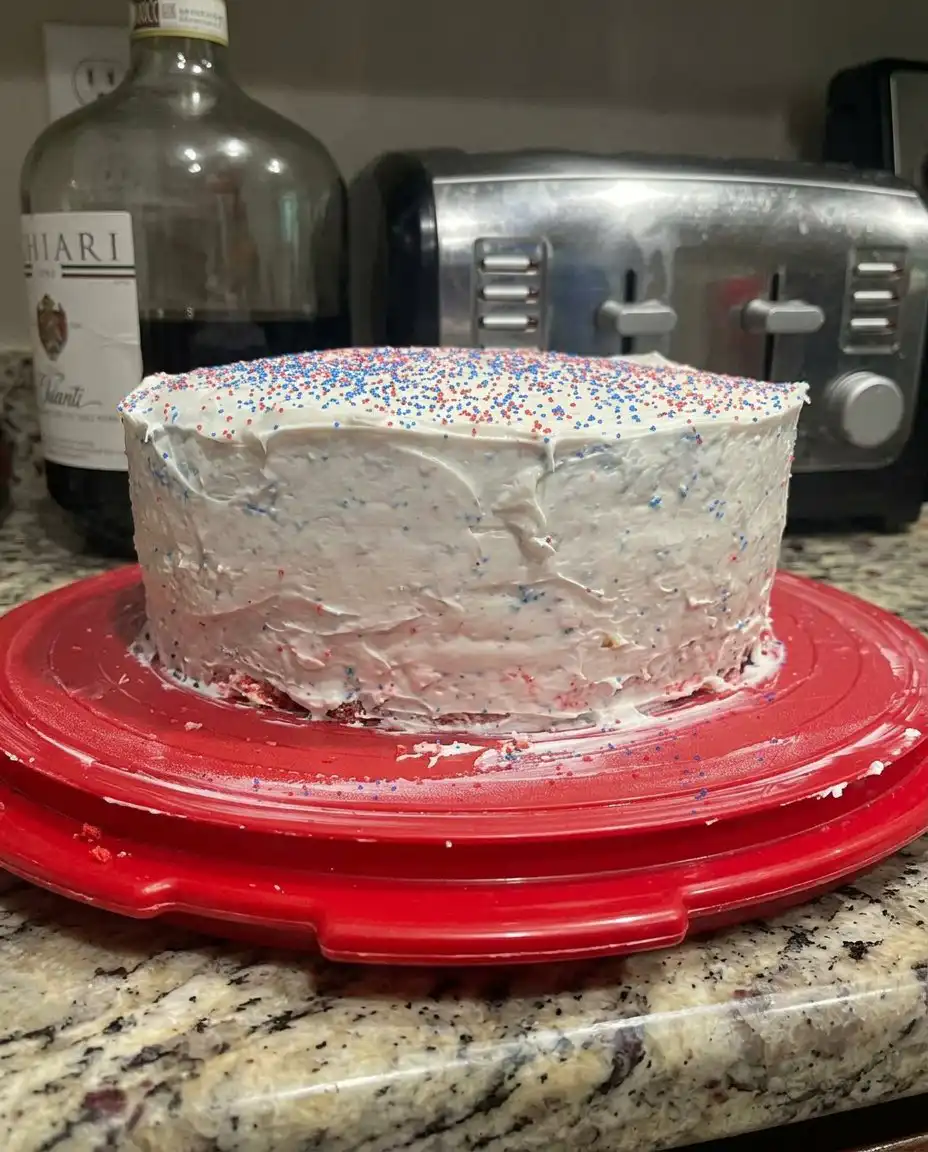 A baker carefully leveling the top of a red cake layer with a long serrated knife.