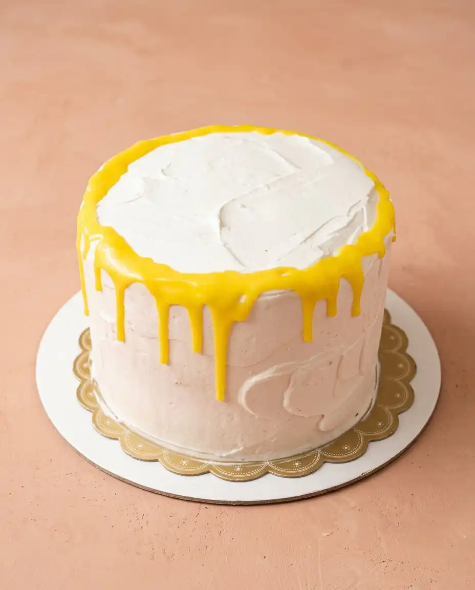 A slice of Mango Drip Cake showing the internal layers of sponge and fruit cream.