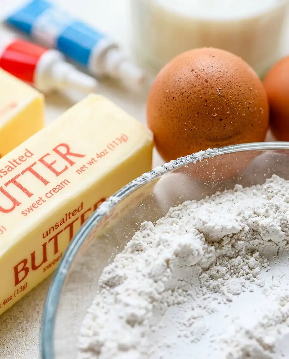 Room temperature butter, eggs, buttermilk, and cake flour arranged on a marble surface