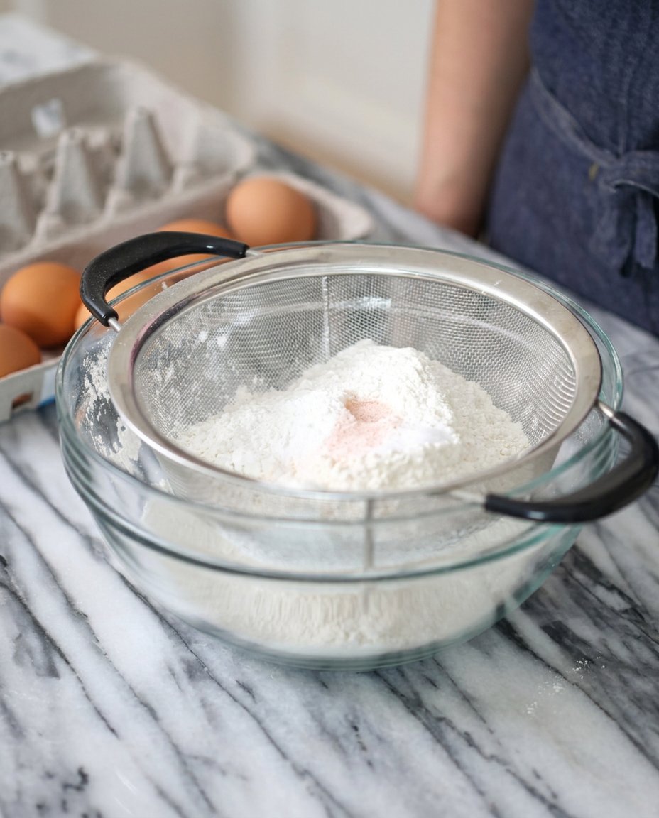 A woman measures flour into a glass bowl to prepare a Two-Layer Smash Cake.