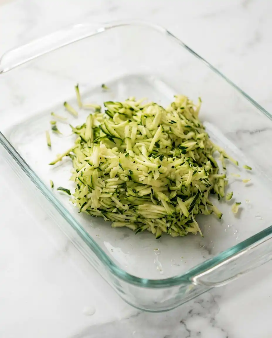 Zucchini Cake 14 Shredded zucchini in a bowl showing the moisture required for Zucchini Cake.