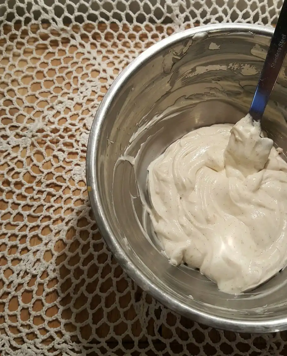 A vintage mixing bowl showing the smooth, creamy cheesecake base being folded together.