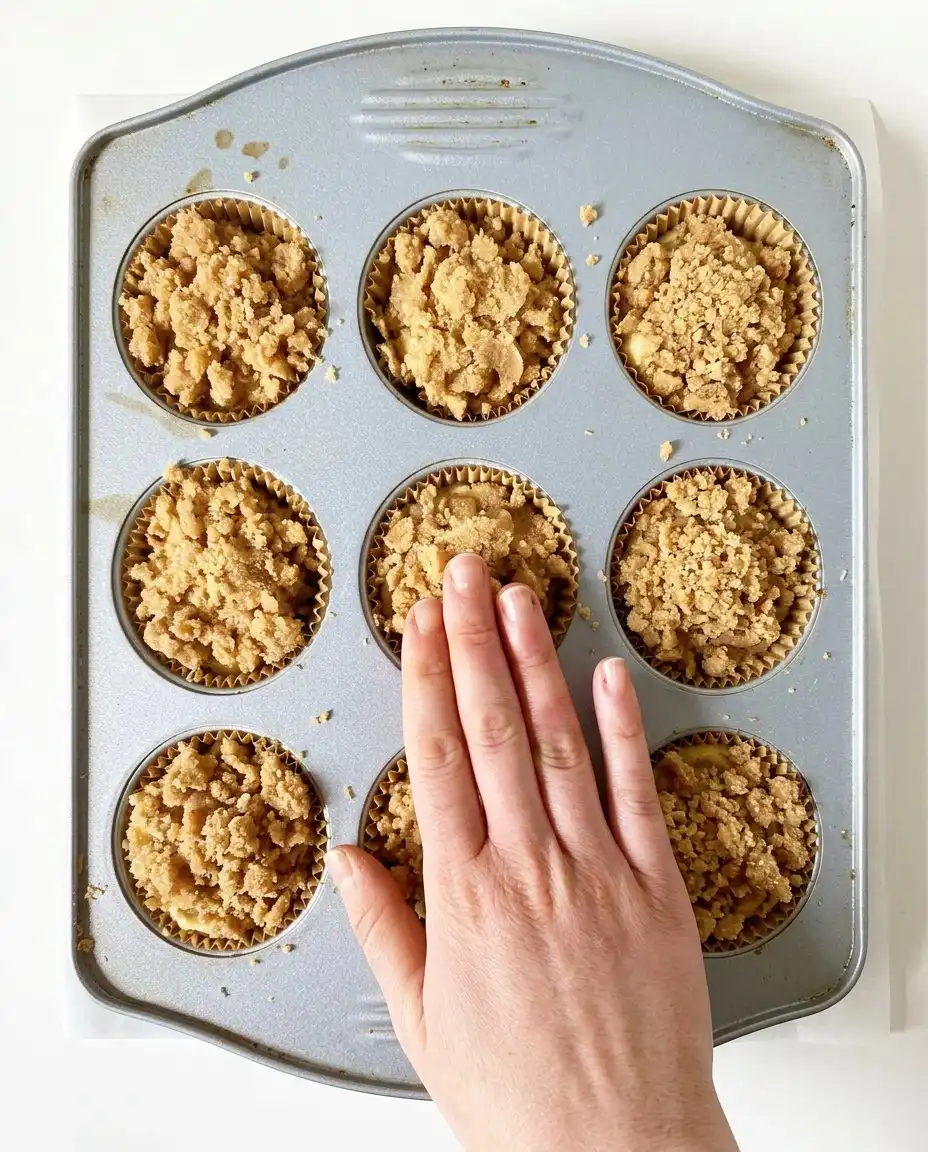 A muffin tin filled with zucchini muffin batter and topped with large clumps of brown sugar streusel.