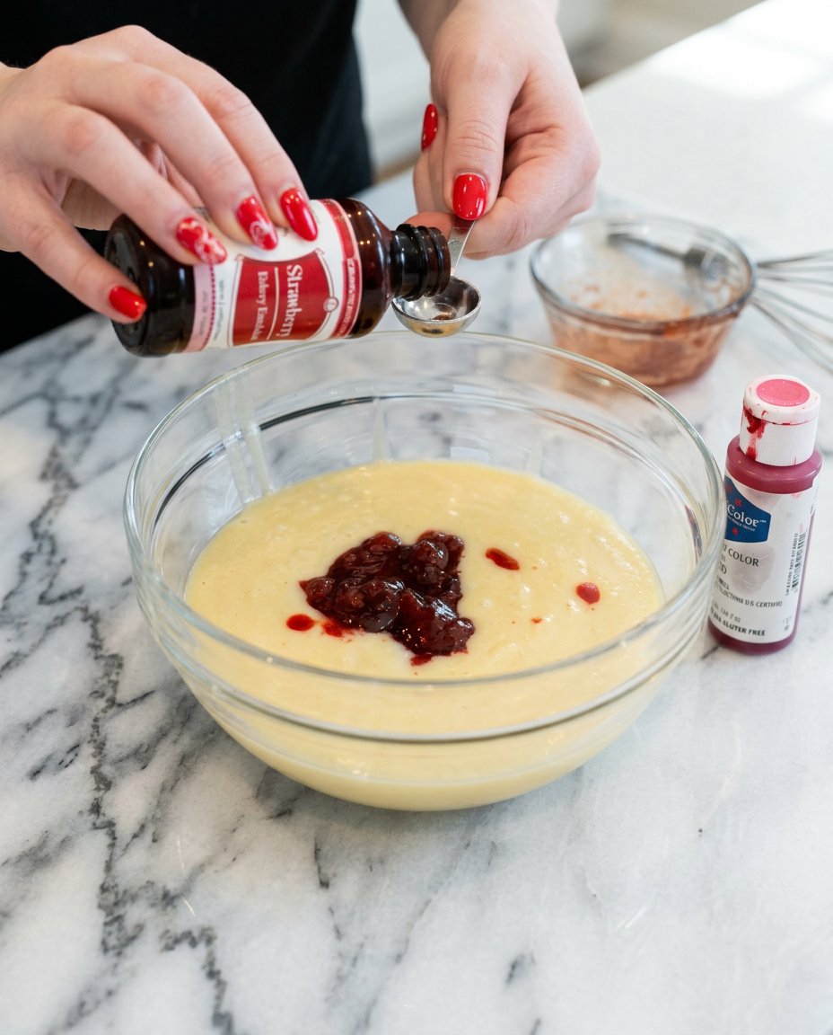 Ingredients for Neapolitan Anniversary Cake including strawberry puree and bittersweet chocolate