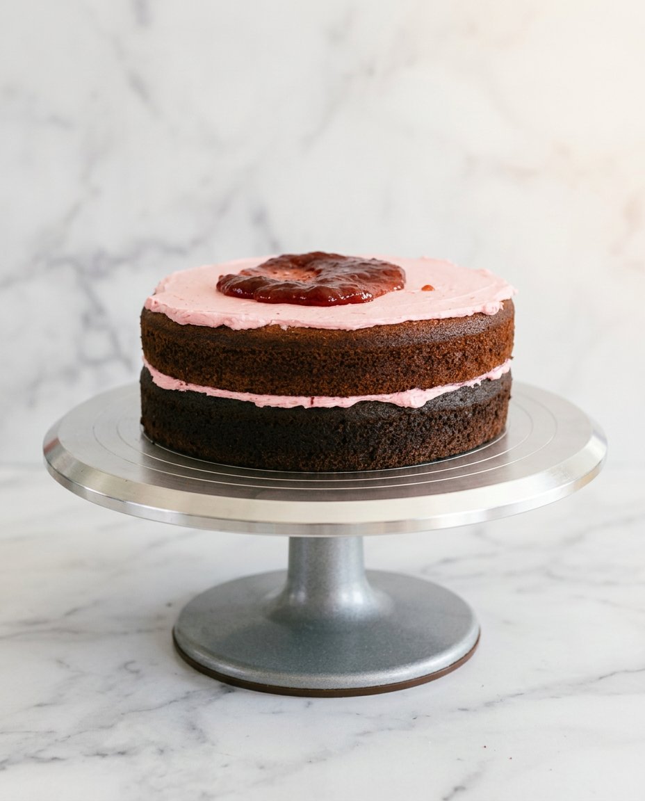 Smoothing the buttercream on a Neapolitan Anniversary Cake with a bench scraper