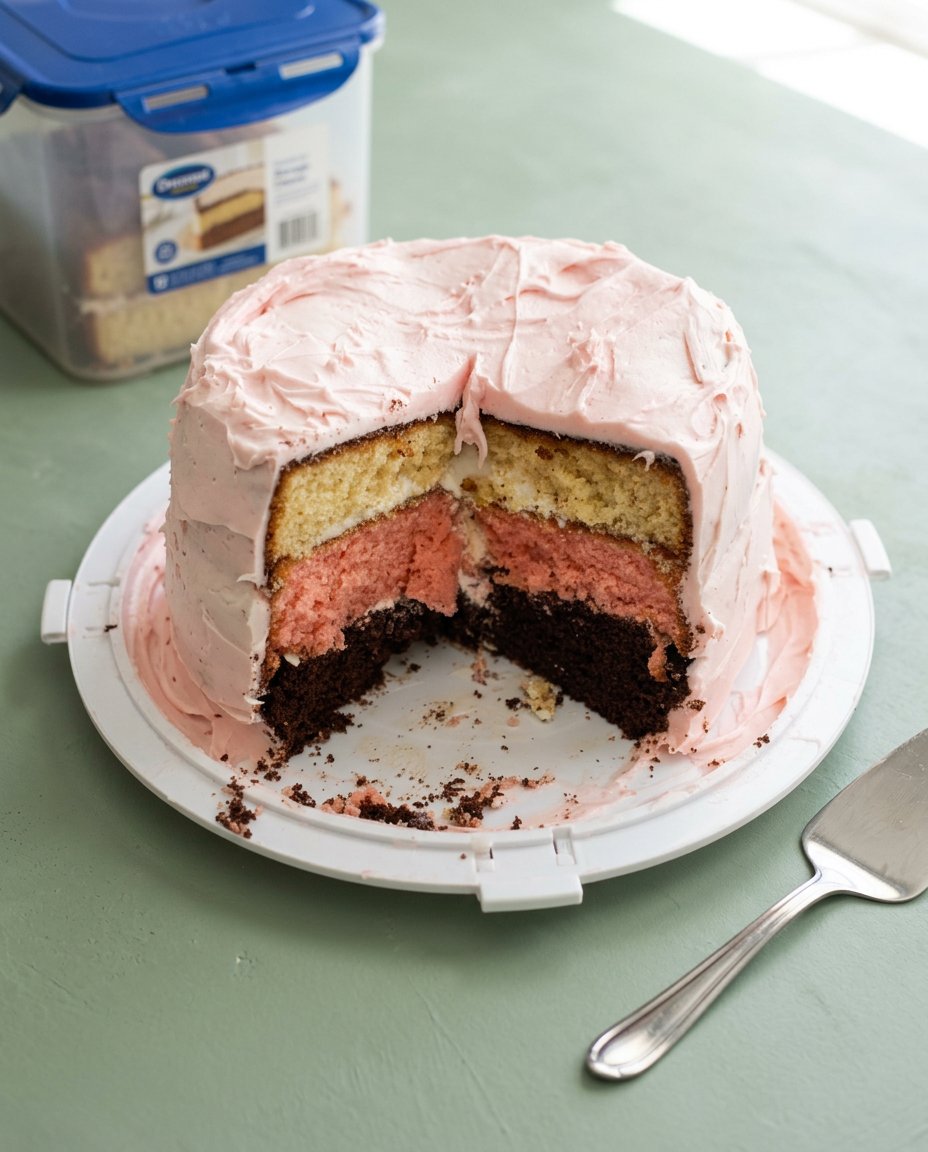 A single slice of Neapolitan Anniversary Cake on a white plate