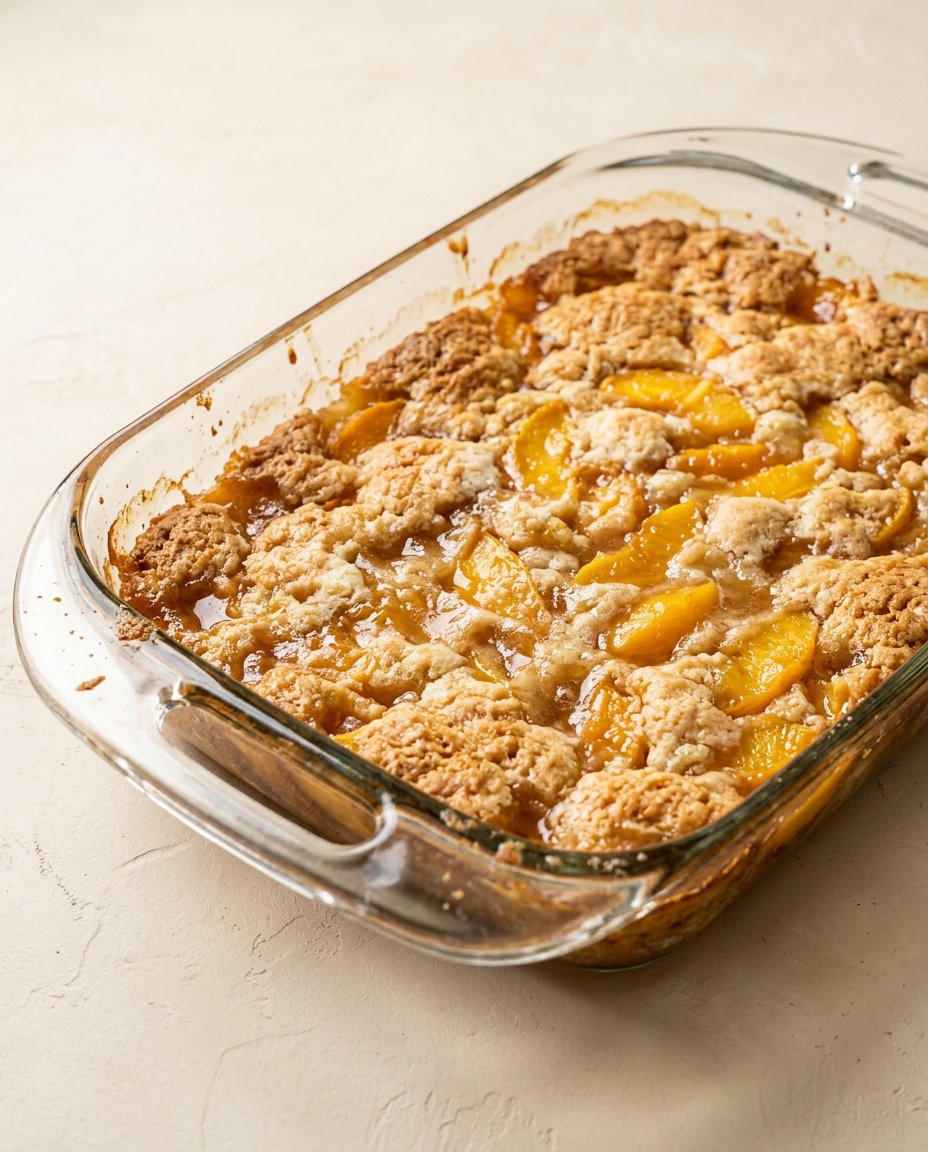 Canned peaches and flour on a wooden counter for Peach Cobbler with Canned Peaches.