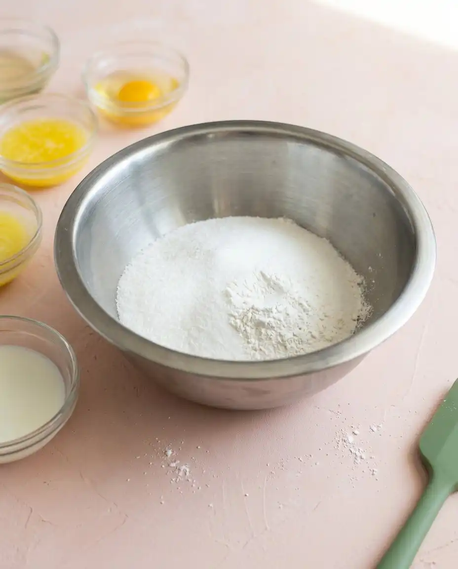 Vintage glass bowls filled with flour sugar and butter for making Mini Vanilla Layer Cakes.
