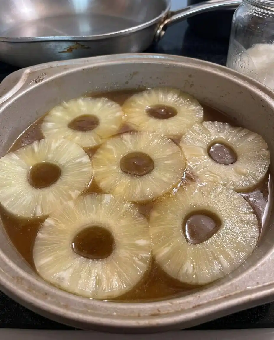 Ingredients for pineapple cake including flour crushed pineapple and eggs