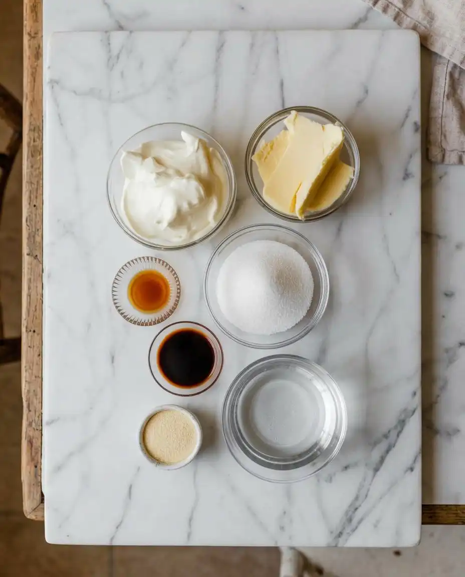 Ingredients for vanilla mousse including heavy cream, cream cheese, sugar, and vanilla bean paste