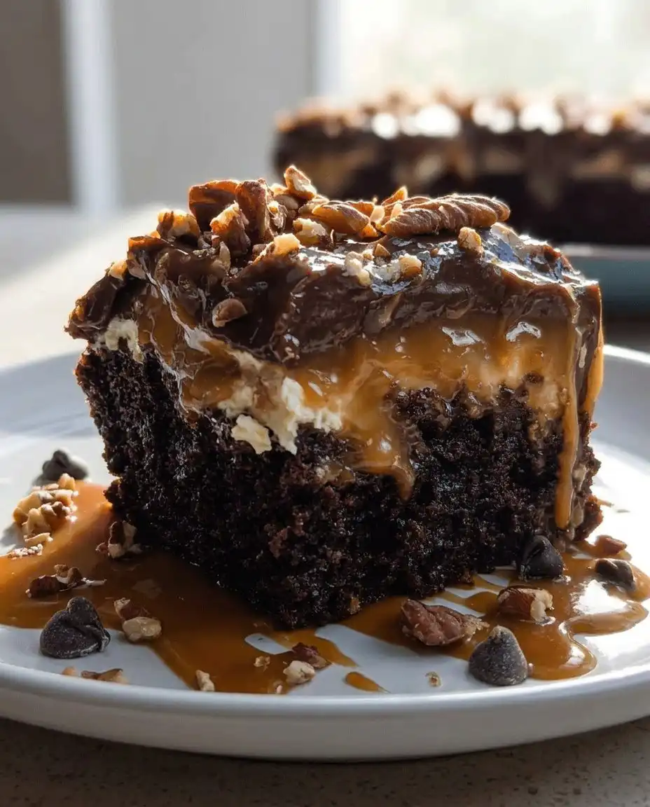 Close up of a wooden spoon poking holes in a chocolate cake