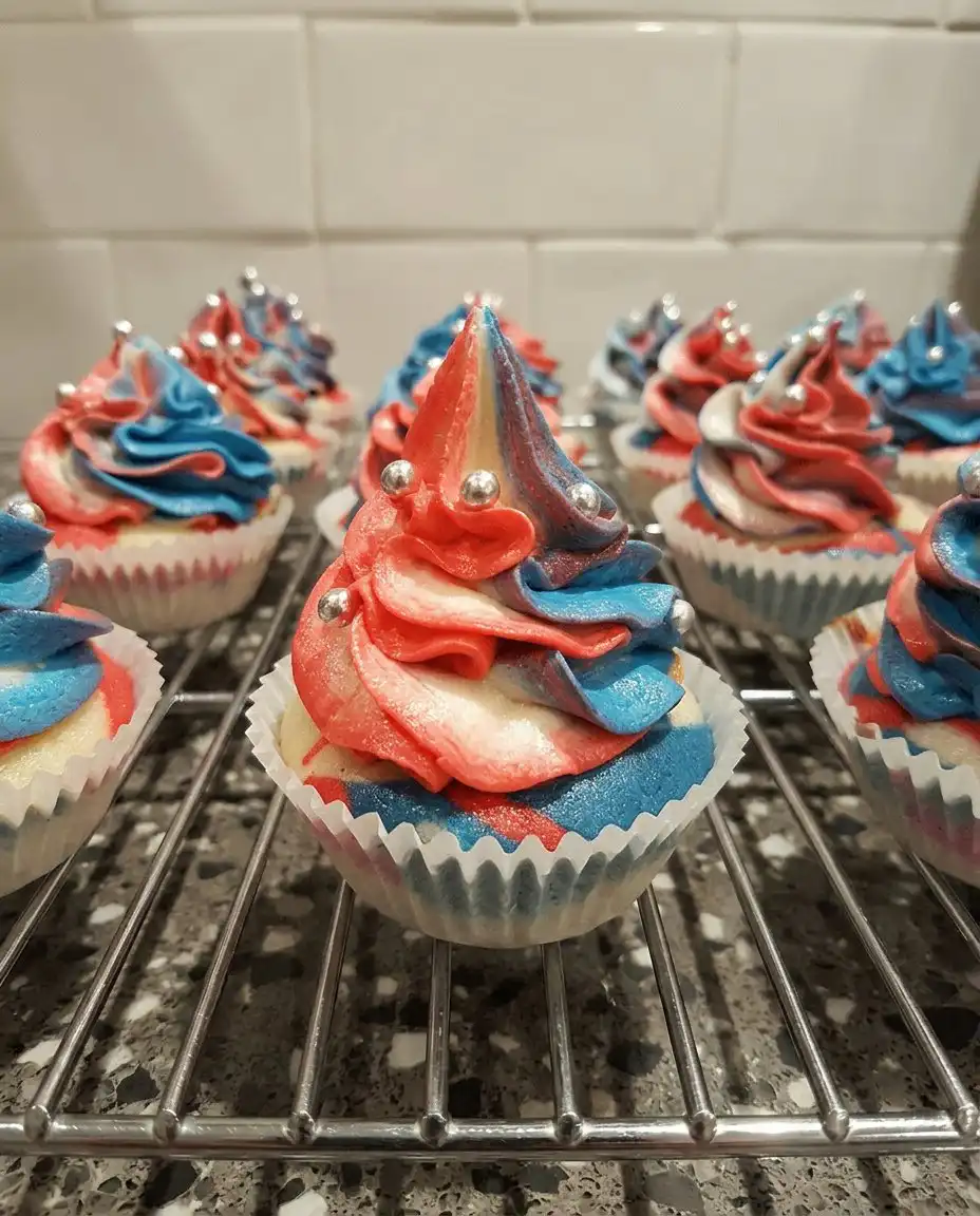 Six patriotic chocolate cupcakes arranged on a rustic wooden serving board