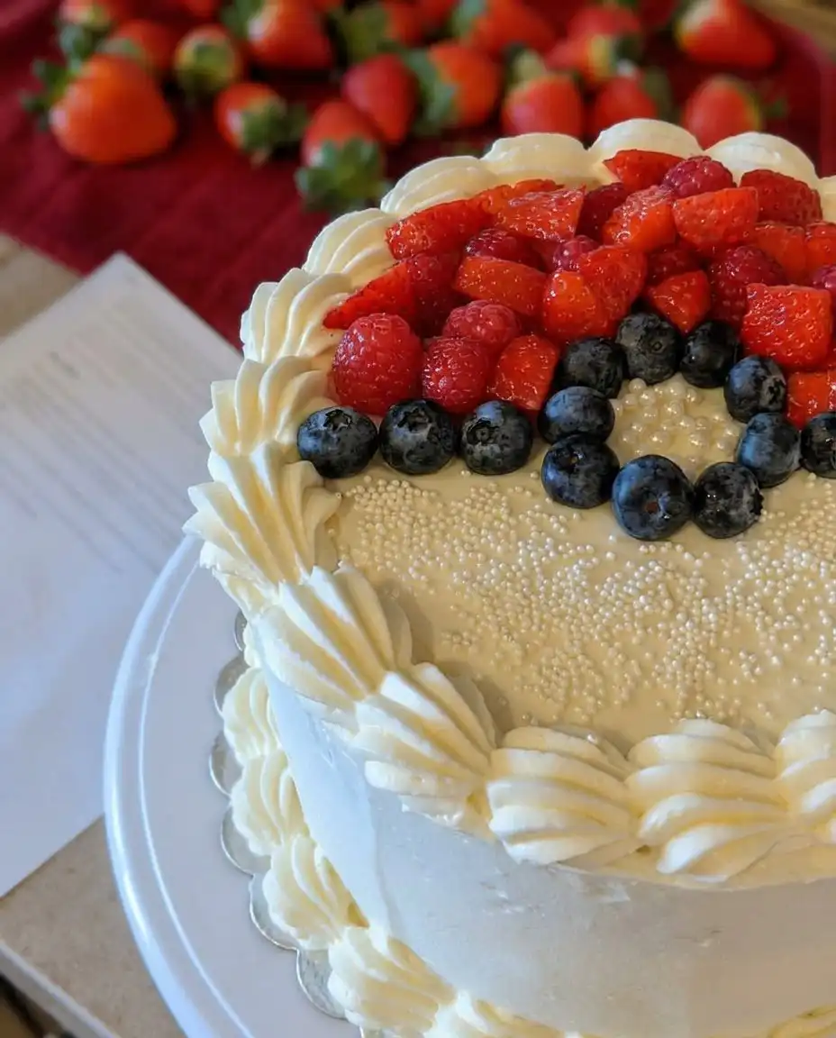 An overhead view of the summer berry poke cake decorated with fresh berries and piped whipped cream.