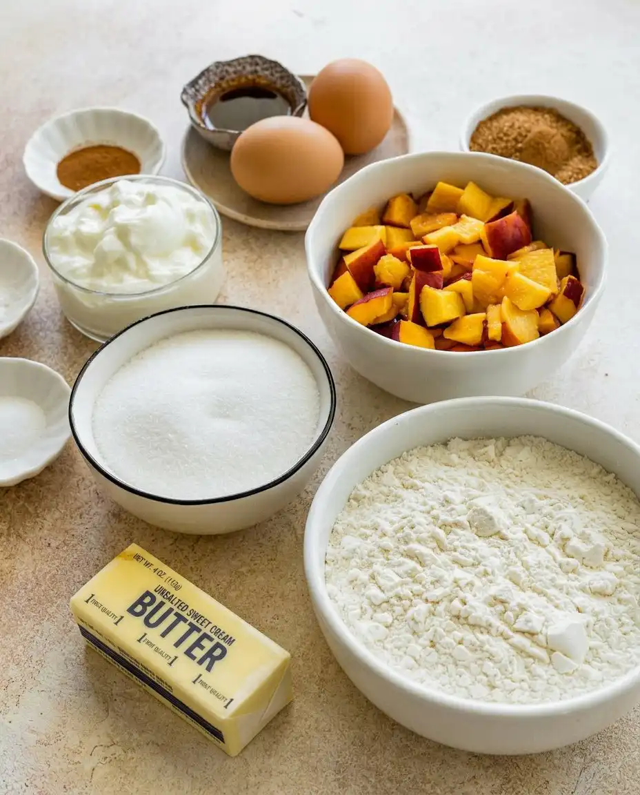 Ingredients for peach cake including fresh peaches flour butter and sour cream