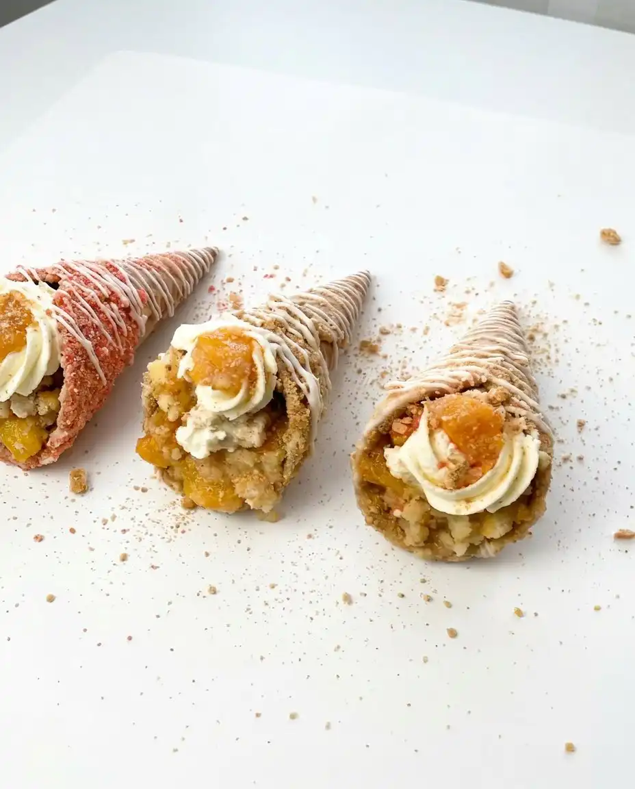 Finished peach cobbler cheesecake cones on a serving tray