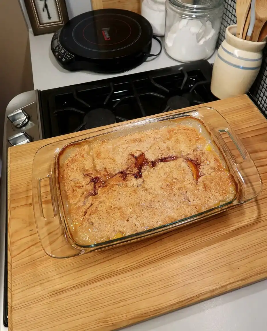A bowl of peach cobbler topped with melting vanilla ice cream