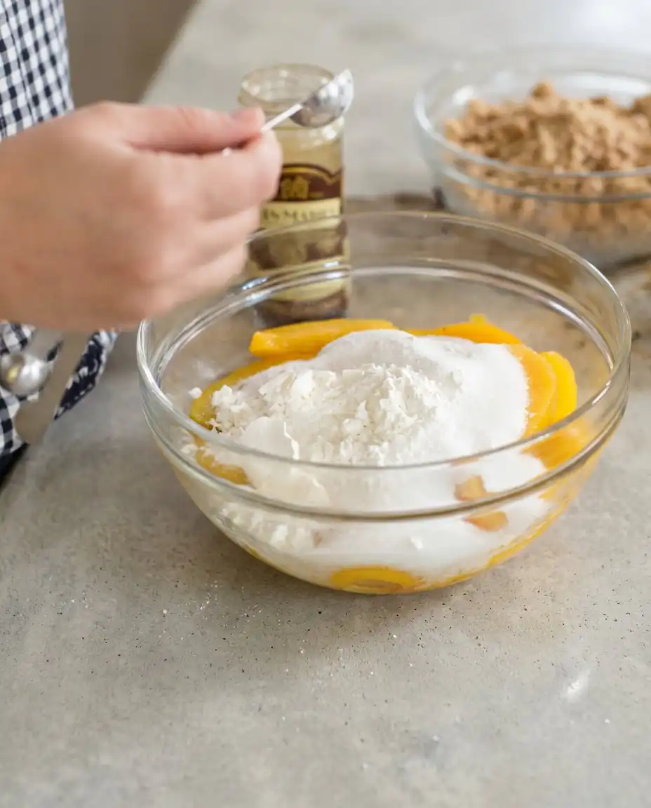 Fresh peaches and oats gathered for a Peach Crisp recipe on a floured surface.