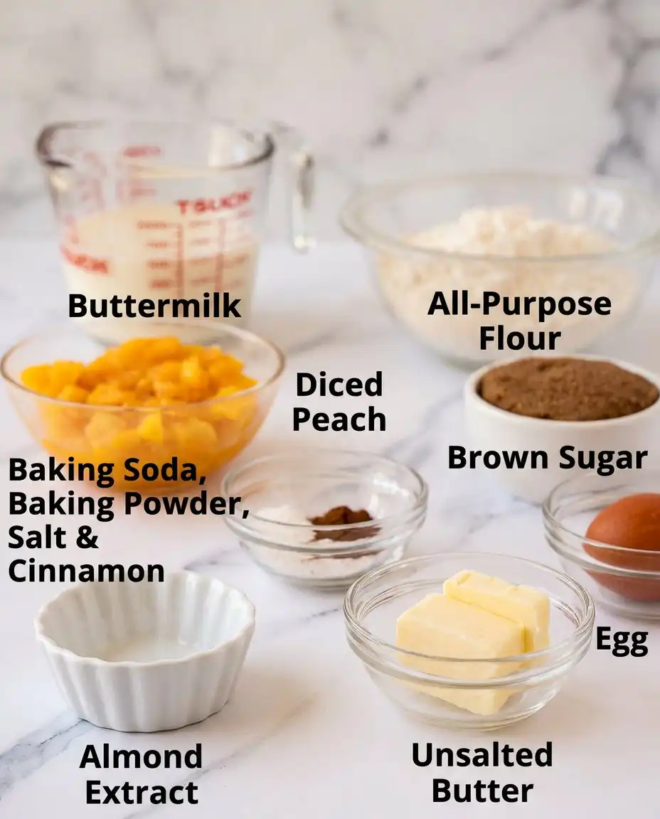 Fresh peaches, flour, sugar, and spices laid out on a kitchen counter