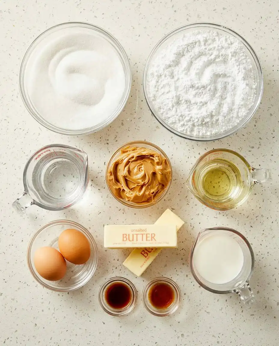 Ingredients for peanut butter cake including peanut butter, buttermilk, and brown sugar