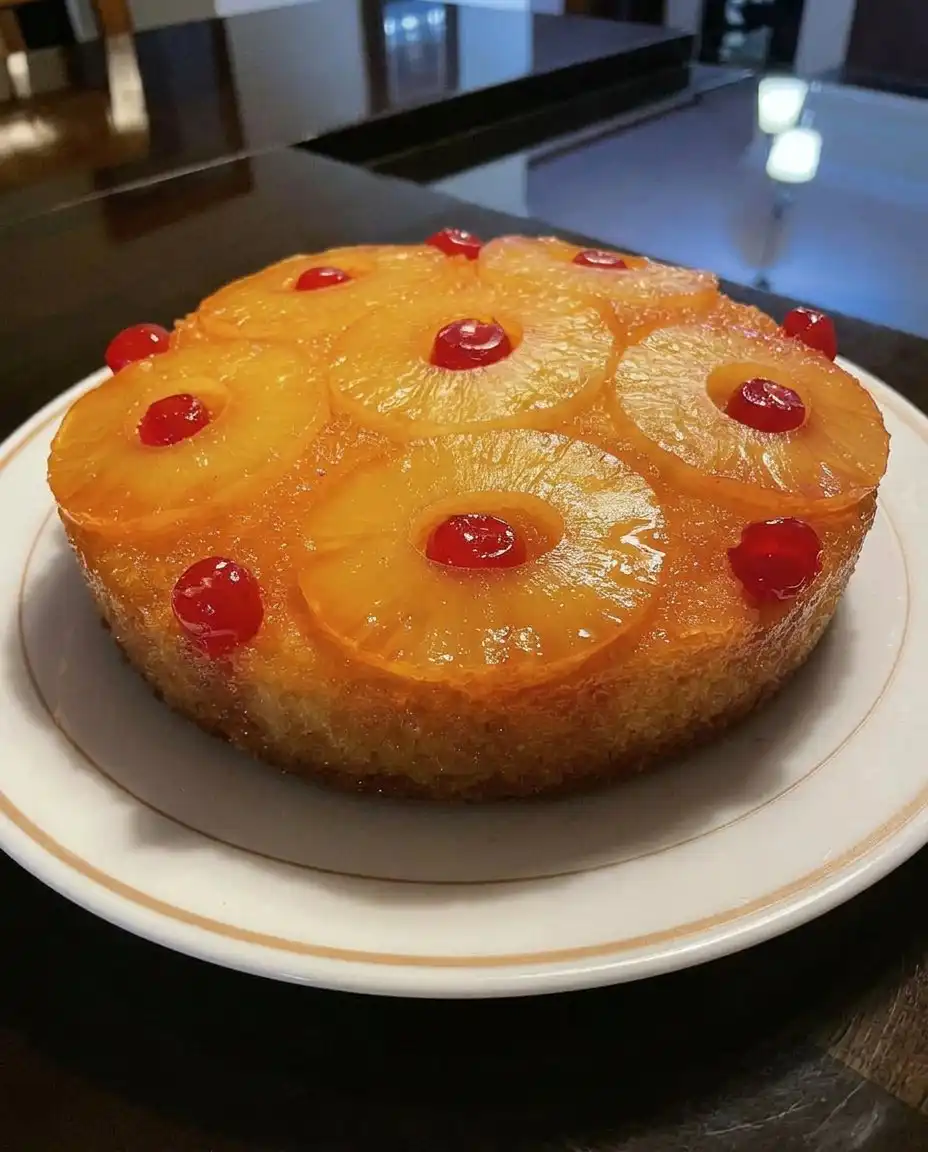 A slice of pineapple cake on a vintage plate with a cup of tea