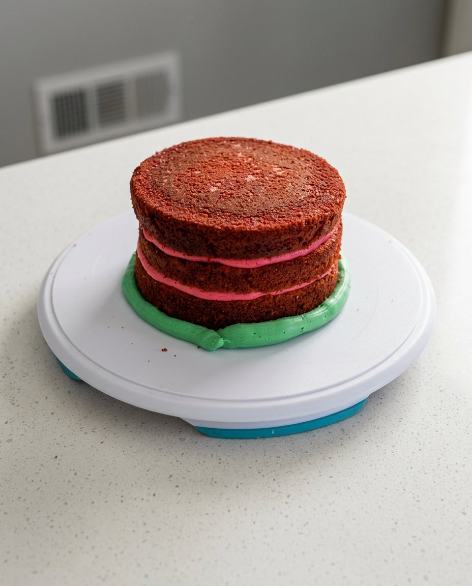 A close up of a toothpick applying black icing seeds to a Smash Cake Made from Watermelon.