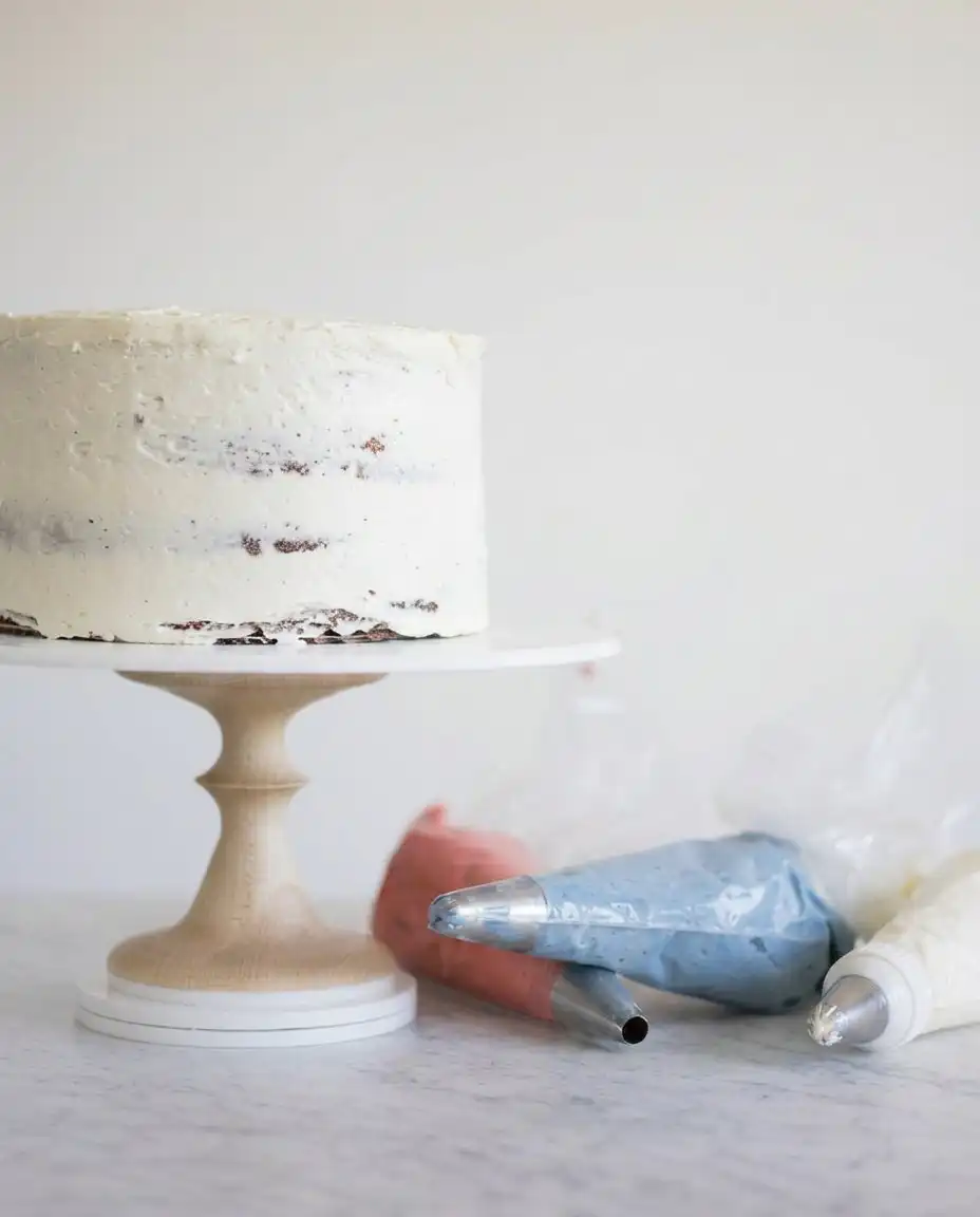 Close up of piping red and blue buttercream onto a white cake