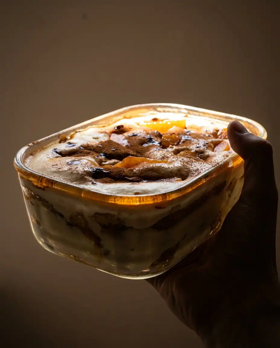 A square slice of peach tiramisu on a floral china plate with a silver fork.