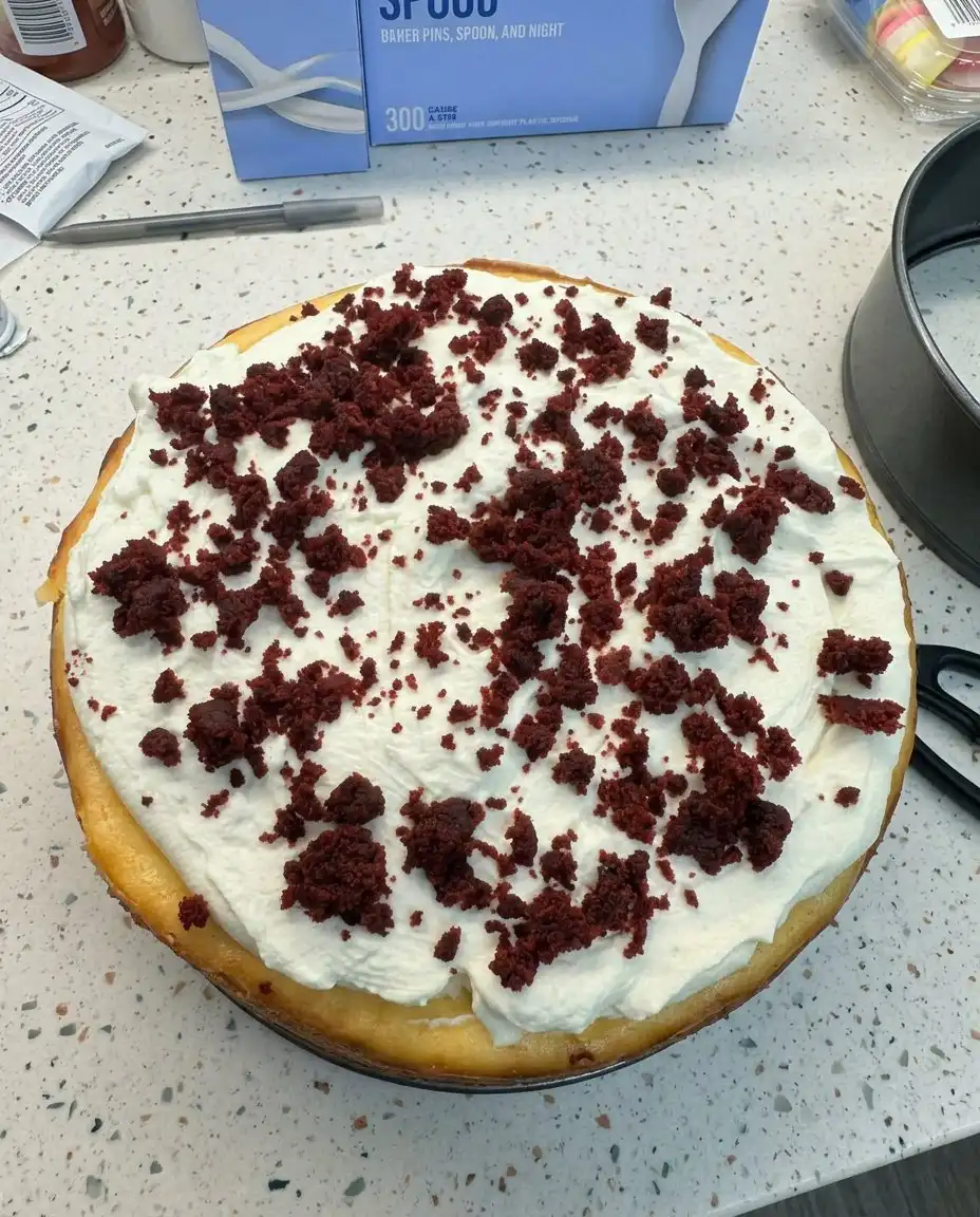 A single slice of red velvet cheesecake served on a white porcelain plate
