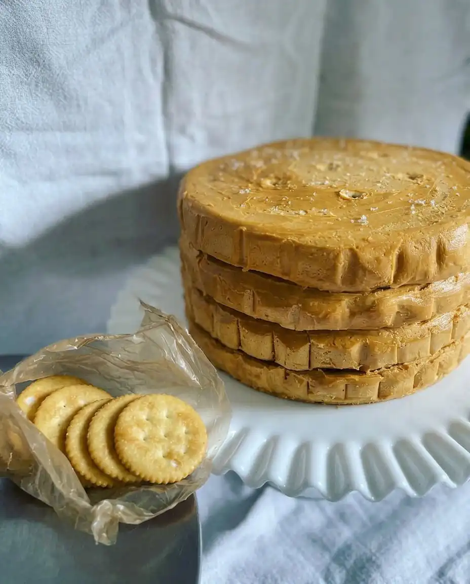 A perfectly square slice of Ritz cracker icebox cake on a white plate with whipped cream.