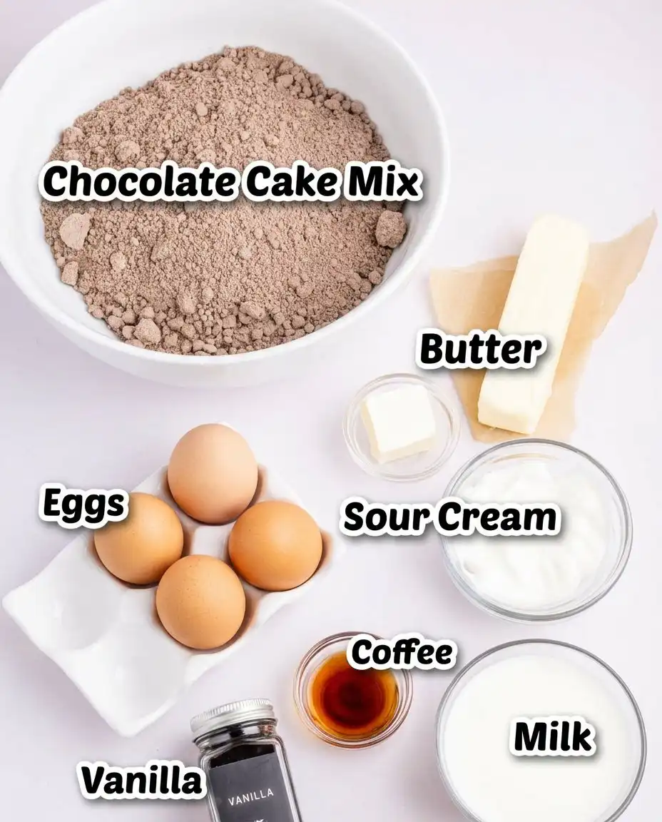 Ingredients for Reese's poke cake including cake mix, peanut butter, and candy cups.