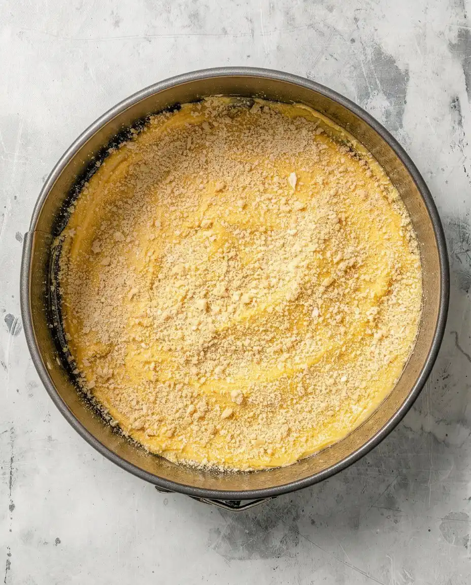 Thick cake batter being spread over a layer of sliced peaches in an 8x8 pan