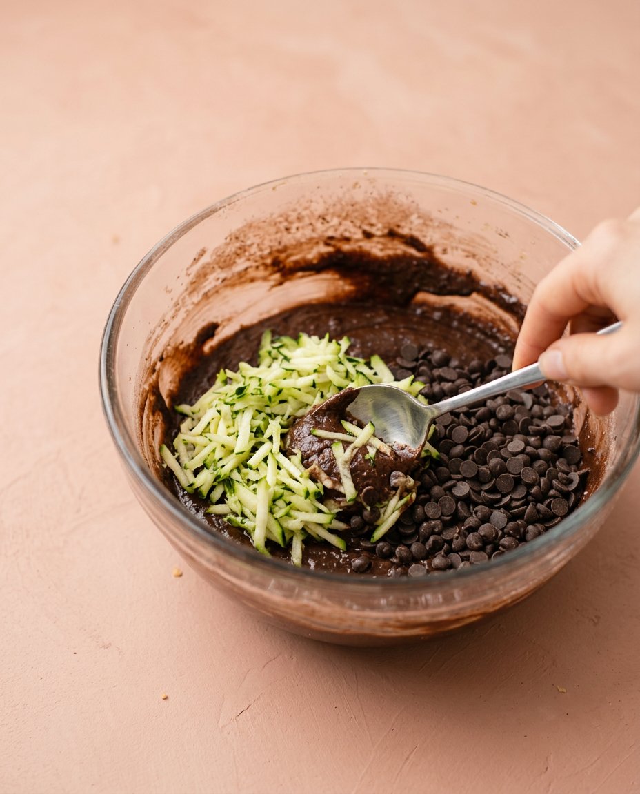 Warm chocolate ganache being poured over a Moist Chocolate Zucchini Cake in a square baking dish.