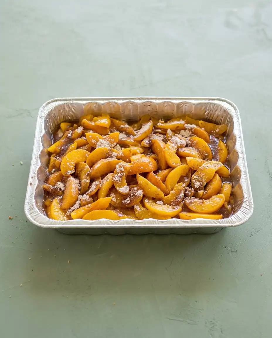 Melted butter being poured over the dry mix of an Easy Peach Pie Filling Dump Cake.