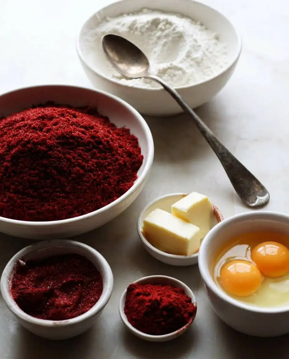 Bowls of flour sugar buttermilk and cocoa powder for red velvet cake