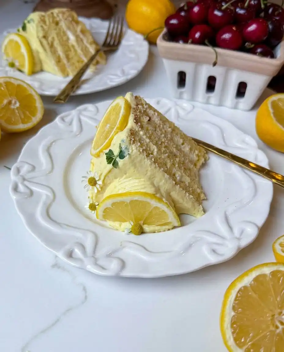Pale and thick lemon cake batter in a stand mixer