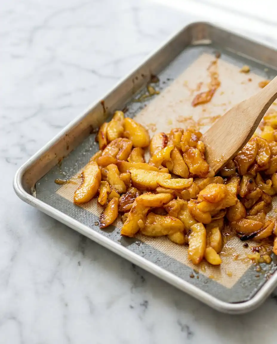 Golden roasted peach wedges tossed in pectin glaze for a Peach Cobbler Layer Cake.