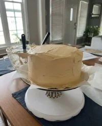 A tall six-layered Russian Peach Cake with peach zefir and whipped cream