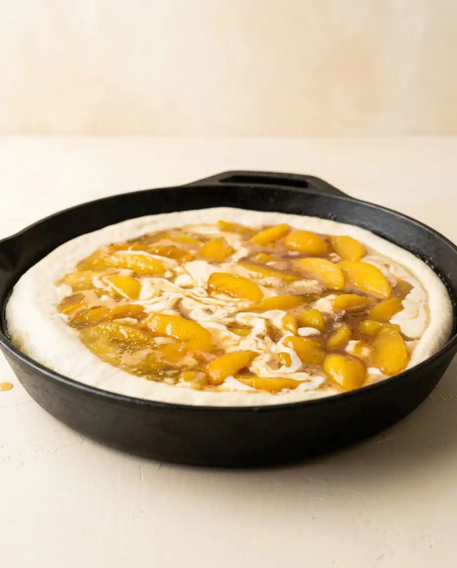 Classic Peach Cobbler Dump Cake 15 Cold butter pieces scattered over cake mix for a Classic Peach Cobbler Dump Cake.