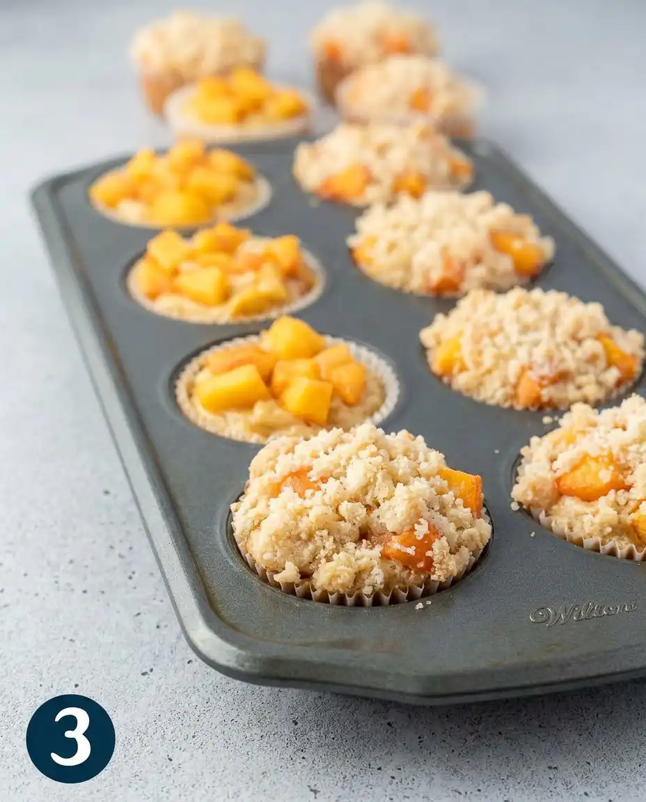 A hand using a vintage scoop to put peach muffin batter into a lined tin