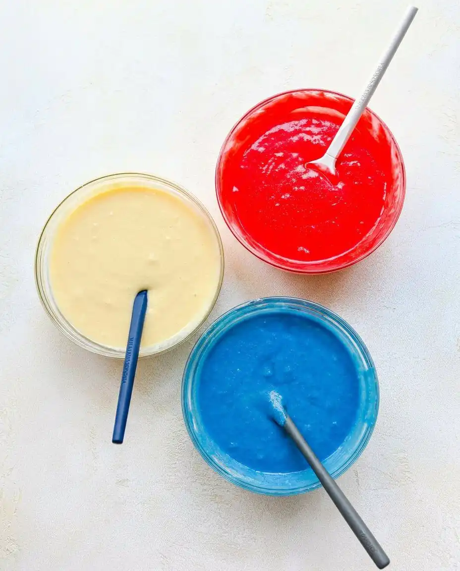 Using a measuring cup to drop alternating scoops of red, white, and blue batter into a bundt pan