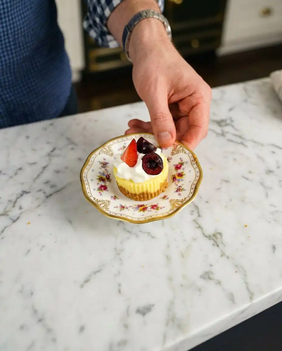 A platter of mini cheesecake cups topped with fresh raspberries and whipped cream