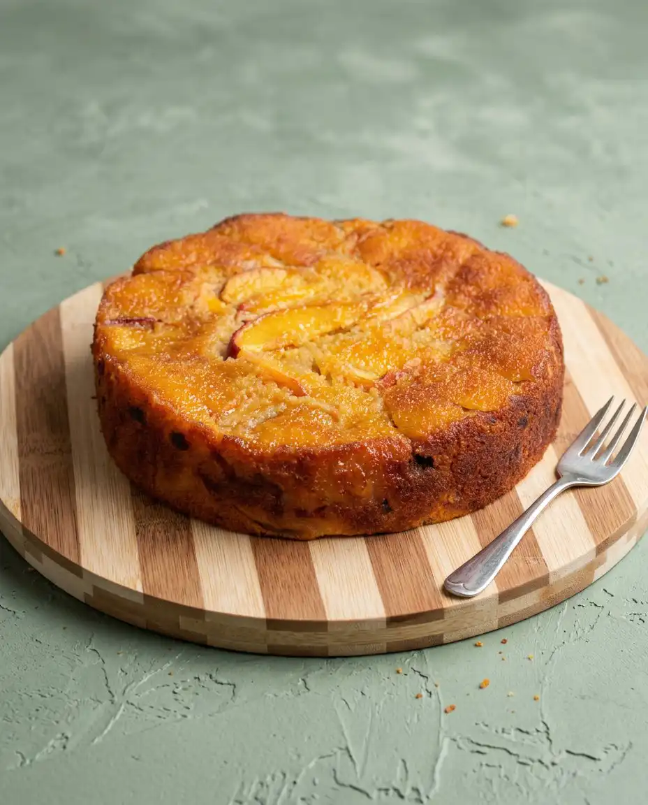 A slice of brown butter fresh peach cake served on an old floral china plate.