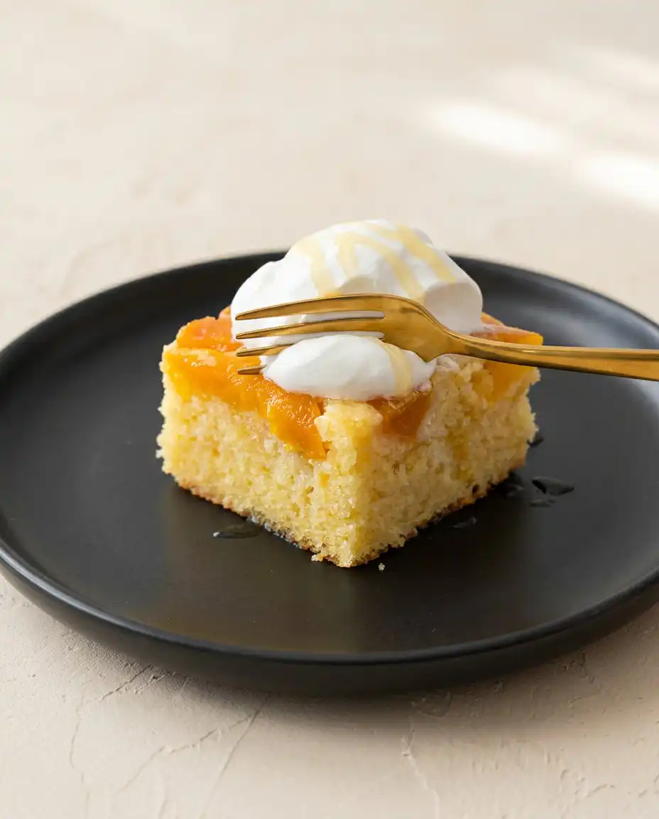 A single slice of Brown Sugar Peach Upside Down Cake served on a vintage floral plate.