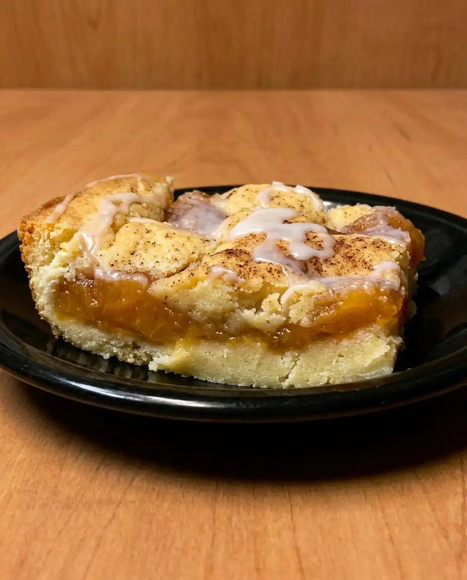 A single slice of Peach Coffee Cake served on a vintage china plate with a silver fork.