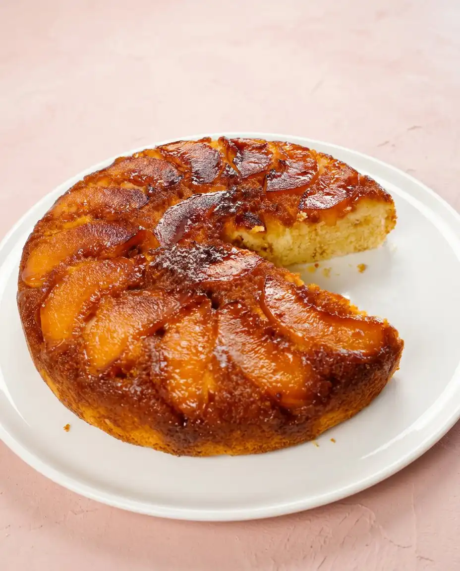 A slice of No Bake Caramel Peach Upside Down Cake served with a dollop of whipped cream.
